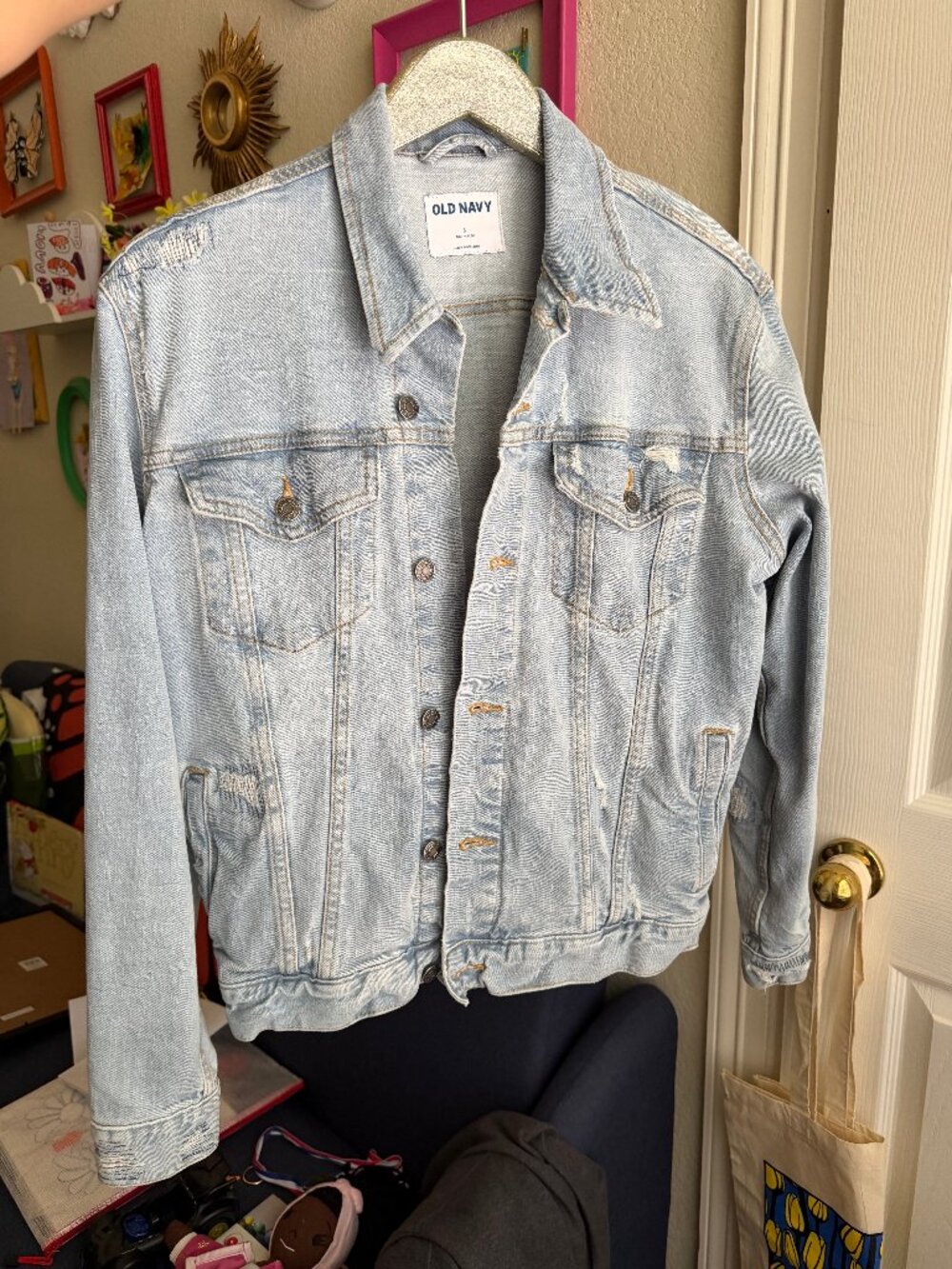Old Navy Gender-Neutral Distressed Flex Jean Jacket, bleached, Unisex Small